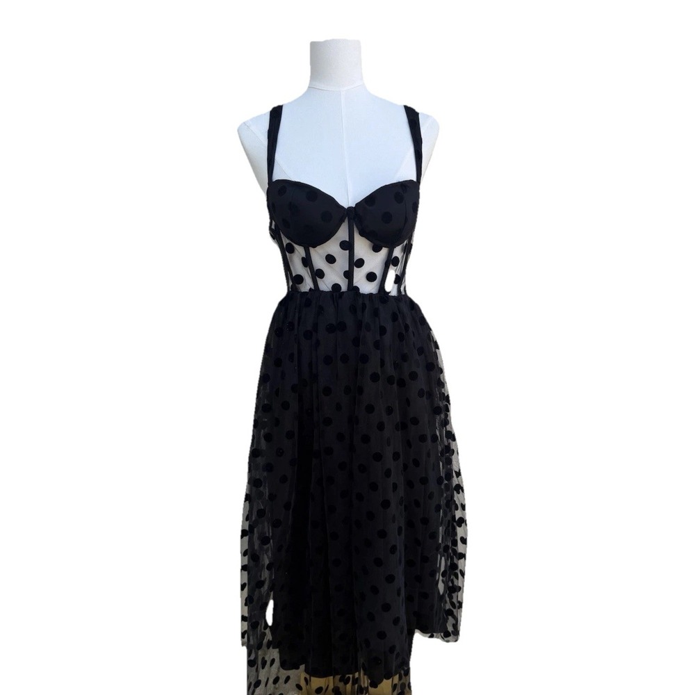 Black Polka Dot Mesh Midi Dress Womens Small Sheer Cocktail Wedding Guest Corset